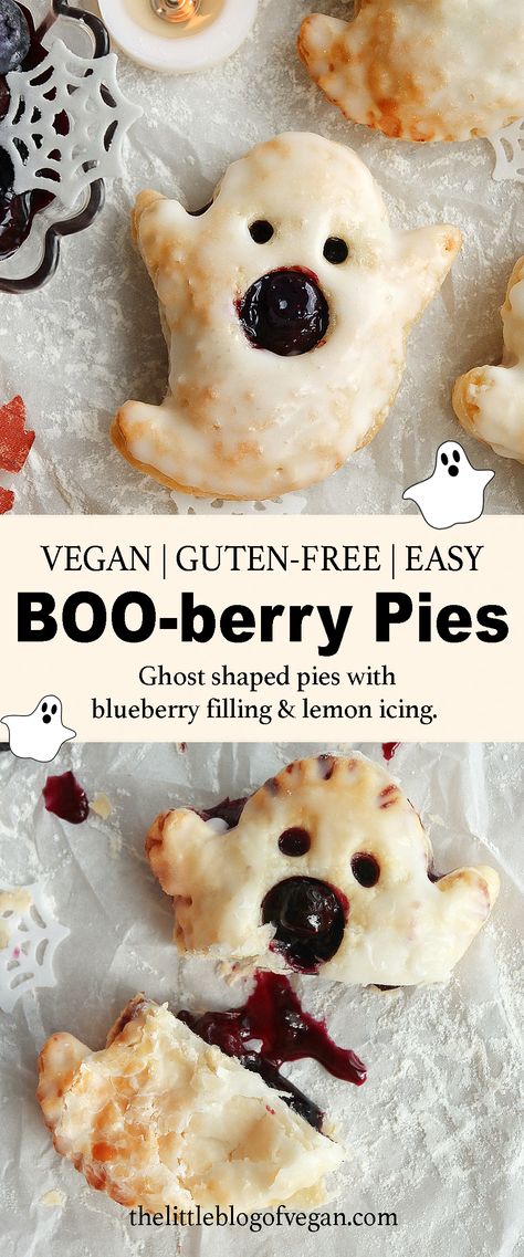 ghost shaped pastries with blueberry filling Halloween Treats And Food, Cute Easy Baked Goods, Gluten Free Sleepover Snacks, Vegan Gluten Free Halloween Recipes, Ghost Pop Tarts, Halloween Bake Off Ideas, Homemade Halloween Treats Desserts, Halloween Food Vegetarian, Halloween Inspired Desserts