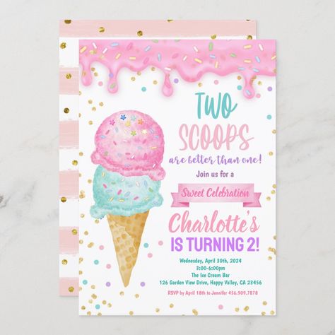 Cute birthday invitation in style.  Theme: Ice Cream - 2 Scoops are Better Than One. Occasion: Kid Girl 2nd Birthday Party. Style: Cute, Cheerful, Fun, Elegant. Colors: Pink, Purple, Turquoise, White. Graphics: Ice Cream, Ice Cream Truck, Pastel Balloons, Polka Dots. Shes Two Sweet Birthday, 2nd Birthday Ice Cream Theme, 2 Scoops Birthday Party, 2 Sweet Birthday Theme Cake, Two Scoops Birthday Party, Two Sweet Ice Cream Party, Ice Cream 2nd Birthday, Two Sweet Party 2nd Birthday, Ice Cream Theme Birthday Party