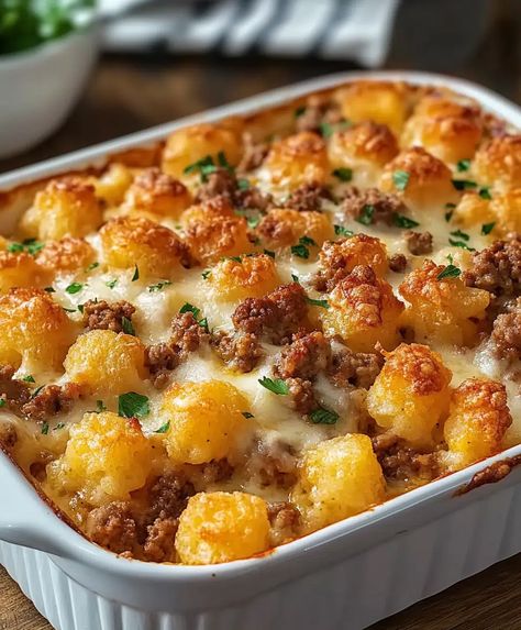 Tater Tot Casserole With Ground Beef Recipe - sandyrecipes.com Tater Tot Casserole Big Mac, Homemade Tater Tot Casserole, How To Make Tater Tot Casserole, Hamburger Meat And Tater Tot Recipes, Hamburger Tot Casserole, Gator Tot Hot Dish, Hamburger Casserole With Tater Tots, Tatie Tot Hot Dish, Casserole With Tater Tots Ground Beef