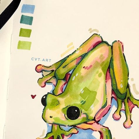 Frog Colored Pencil Drawing, Drawing Inspo With Color, Matcha Art Drawing, Frog Marker Drawing, Alcohol Marker Art Simple, Alcoholic Markers Art, Animal Marker Drawing, Stuff To Draw With Alcohol Markers, Marker Animal Drawings