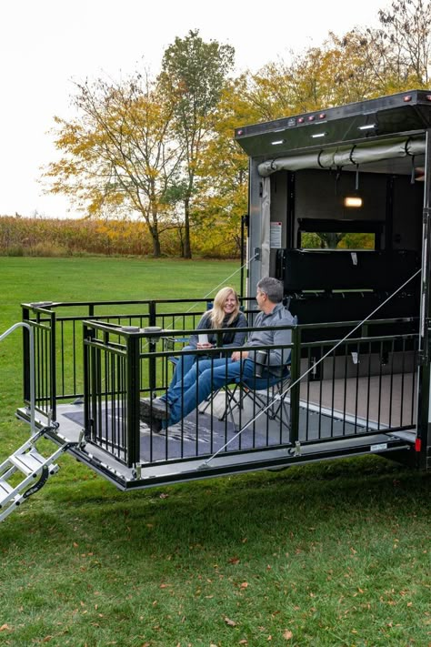 Porch For Rv, Diy Cargo Trailer, Porch For Camper, Trailer Camper Conversion, Bil Camping, Trailer Deck, Cargo Trailer Camper Conversion, Travel Trailer Living, Cargo Trailer Conversion