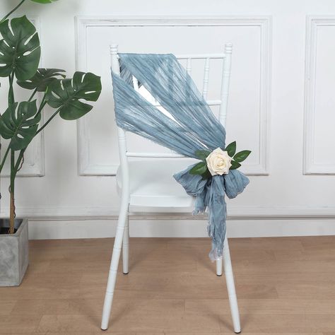 [About] Quantity: 5 Chair Sashes Material: Cheesecloth Color: Dusty Blue Total Length: 88" Total Width Un-Stretched: 12" Total Width Stretched: 16" Thickness: 90 GSM Edges: Unfinished / Frayed Features: Sheer wrinkle texture style, Stretches Width-Wise NOT Length-Wise [Information] Additional Information: Each order is for 5 sashes. Sashes are shipped untied. Care Instruction: Hand wash only, No dry cleaning, Shedding is possible, Sun fading is possible, Keep away from fire, Dry vertically, to m Brides Table, Baby Blue Weddings, Destination Wedding Decor, Yacht Wedding, Blue Bridal Shower, Wedding Chair Decorations, Boho Chair, Blue Themed Wedding, Sage Green Wedding