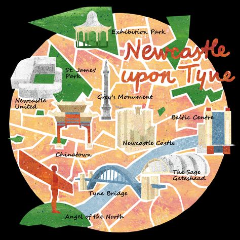 New Castle Upon Tyne England, Newcastle Map, Study Abroad England, Sage Gateshead, Ma Design, Newcastle England, Angel Illustration, Fancy Stuff, Map Illustration