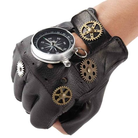 Steampunk Leather Gloves #steampunkleathergloves #steampunkgloves #steampunk #steampunkjewelry #picoftheday #homedecor #sketch #style #metal #illustration #steam #makeup #industrial #cyberpunk #love #victorian Steampunk Costume Male, Stile Punk Rock, Ropa Punk Rock, Steampunk Gloves, Leather Fingerless Gloves, Festival Fancy Dress, Estilo Punk Rock, Steampunk Aesthetic, Steampunk Leather