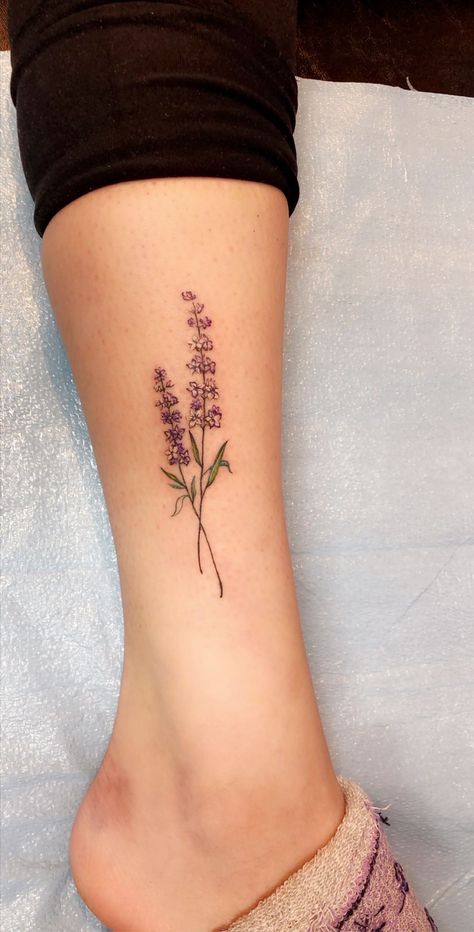 Flower Tattoos Lilacs, Tattoo Ideas Lilacs, Lilac Line Tattoo, Dainty Lilac Tattoo, Small Lower Leg Tattoos For Women, Lavender Tattoo Outline, Small Lilac Tattoo Simple, Lilac Flower Tattoo Simple, Lavender Leg Tattoo