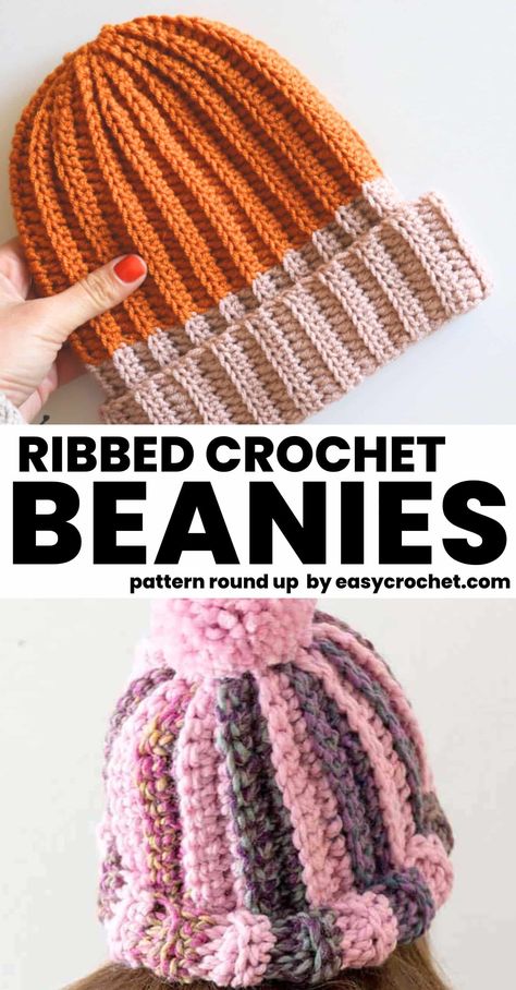 Striped Crochet Beanie Free Pattern, Easy Ribbed Crochet Hat, Two Toned Crochet Hat, Crochet Ribbed Hats Free Pattern, Crochet Patterns For Beanies, Double Crochet Hat Pattern Free, Free Crochet Ribbed Hat Patterns, Crochet Beanie Ribbed, Two Tone Beanie Crochet Pattern