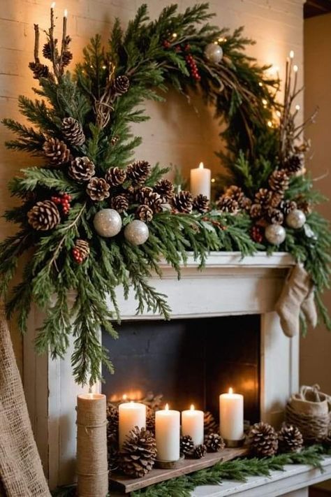 Christmas Candle Sticks Decor, Christmas Without A Fireplace, Ceiling Beam Christmas Decoration Ideas, Modern Holiday Decor Living Room, Fireplace Mental Christmas Decor, Black Mantel Christmas Decor, Thanksgiving Mantle Decorations Mantel Ideas, Christmas Wreath Mantle, Christmas Gnome Display Ideas