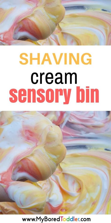 Shaving cream sensory bin for toddlers and preschoolers. A great sensory activity for 1 year olds, 2 year olds, 3 year olds. Fun messy play activity! Activity For 1 Year, Sensory Center, Sensory Processing Activities, Sensory Bin For Toddlers, Messy Activities, Messy Play Activities, Sensory Tables, Prek Activities, Preschool Sensory