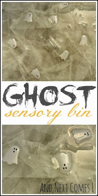 Simple floating ghost sensory bin for Halloween from And Next Comes L Diy Outdoor Games, Floating Ghost, Simple Ghost, Halloween Activities For Toddlers, Floating Ghosts, Kids Sensory Play, Halloween Sensory, Activity For Toddlers, Backyard Picnic