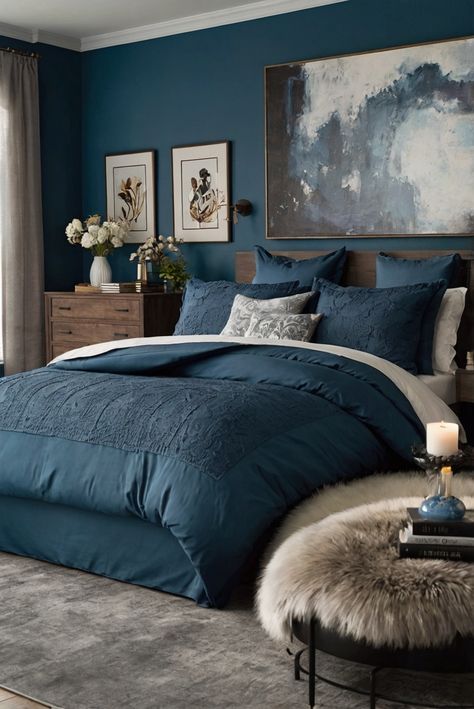 home decoration, interior design, decor ideas, bedroom decor Dark Bed Bedroom Ideas, Warm Blue Bedroom, Bedroom Ideas Navy Blue, Traditional Modern Bedroom, Moody Boho Bedroom, Dark Modern Bedroom, Baby Blue Bedrooms, Tiffany Blue Bedroom, Sleeping Room Design