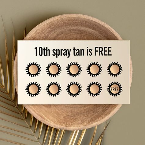 Simple copper - bronze colored sun with black rays 10  punch visit spray tan card. Spray Tan Loyalty Card, Home Tanning Salon, At Home Spray Tan Business, Spray Tan Studio Decor, Spray Tan Logo Design, Spraytan Salon Ideas, Spray Tan Name Ideas, Spray Tan Set Up, Spray Tan Sayings