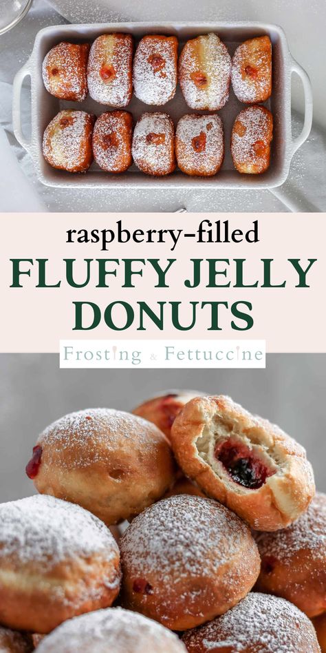 Raspberry Filled Doughnut, Raspberry Jelly Donut, Raspberry Donut Filling, Strawberry Filled Doughnut, Homemade Jelly Filled Donuts Recipe, Powdered Jelly Donut, Baked Jelly Filled Donuts Recipe, Homemade Powdered Donuts Recipe, Filled Donuts Homemade