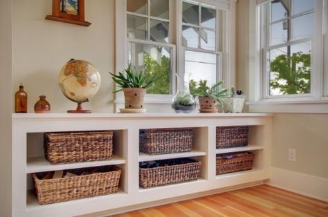 under window built-in Under Window Storage, Window Storage, Low Bookshelves, Low Bookcase, Diy Mudroom Bench, Mobil Home, Storage Design, Ideas Pictures, Front Room