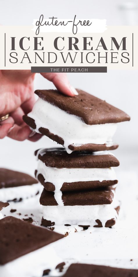 Stack of ice cream sandwiches with hand picking one up. Dairy Free Ice Cream Sandwich, Gluten Free Ice Cream Sandwich, Healthy Ice Cream Sandwich, Modern Homemaker, Homemade Ice Cream Sandwiches, Allergy Recipes, Ice Cream Sandwiches Recipe, Old Fashioned Ice Cream, Gluten Free Ice Cream