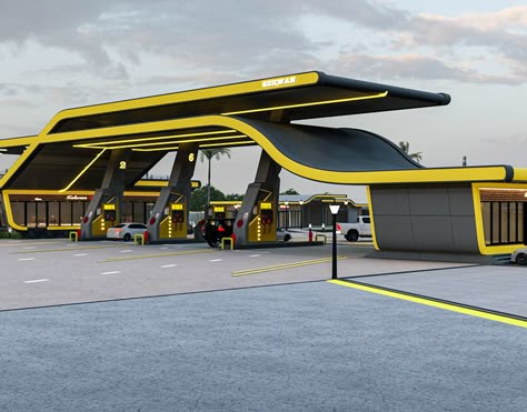 Modern Gas Station Architecture, Cool Gas Stations, Fuel Station Design Architecture, Modern Gas Station Design, Futuristic Gas Station, Gas Station Design Architecture, Petrol Station Design Plan, Service Center Design, Gas Station Architecture