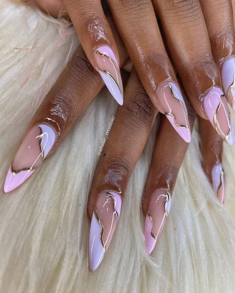 Ubuhle Creationz on Instagram: "Pastel pink and purple 🩷💜 #almondnails #nails #acrylicnails #pastel #gold #pmb #nailart #naildesign #nailaddict" Good And Pink Nails, Lilac Almond Nail Designs, Pink Powder Nails With Design, Pink Purple Gold Nails, Purple Pastel Nails Design, Holiday Nails Purple, Nails Pink With Design, Sage Green And Lilac Nails, Purple And Gold Almond Nails