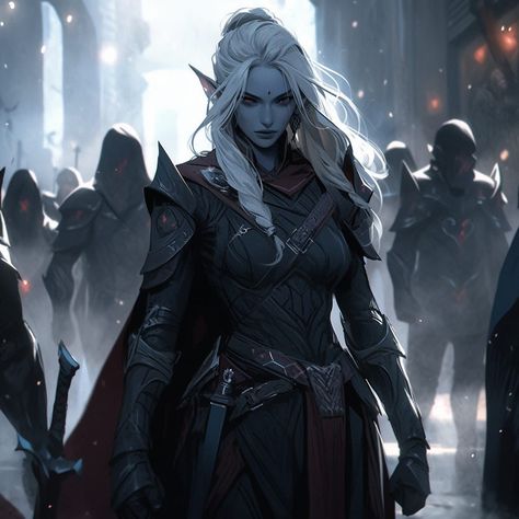 Dnd Shadar-kai Female, Drow Woman Art, Female Drow Art, Shadar Kai Dnd, Half Drow Female, Drow Female Art, Dnd Drow Female, Shadar Kai Female, Dark Elf Female