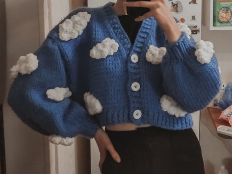 Blue And White Crochet Cardigan, Cloud Cardigan Outfit, Cloud Core Aesthetic Outfits, Cloudcore Aesthetic Outfits, Crochet Cloud Cardigan, Cloudcore Outfits, Aesthetic Pastel Outfits, Puffy Cardigan, Blue Crochet Cardigan