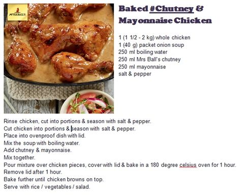 Baked Chutney and Mayonnaise Chicken Chicken Chutney Mayonnaise, Chutney And Mayonnaise Chicken, Chutney Chicken South African, Chutney Mayo Chicken, Mayonnaise Chicken, Chutney Chicken, Mayonnaise Sauce, Mayo Chicken, Chicke Recipes