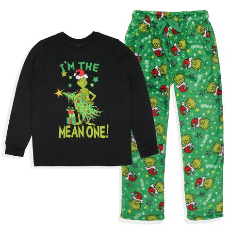 Reminisce your childhood and embrace your inner Grinch with this officially licensed Dr. Seuss pajama lounge set. This two-piece set features a black long-sleeve top featuring GRINCH stealing a Christmas tree with the text " I'm The Mean One." The contrasting plush green pants feature an allover design of Stars and GRINCH wearing a Santa hat. Crafted from premium quality materials, these pajamas are designed for ultimate comfort. The soft and breathable fabric ensures a cozy night's sleep or a r Grinch Pajamas, Dr Seuss The Grinch, Dr Seuss Grinch, Cozy Sleepwear, Matching Family Christmas Pajamas, Family Pajama Sets, Allover Design, Pajama Outfits, Mens Pajamas Set