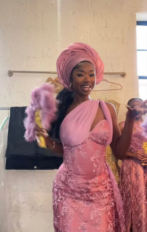 Aso ebi 🇳🇬 Corset Styles Aso Ebi, Pink Gele Nigerian, African Asoebi Styles, Nigerian Traditional Dresses Weddings, Pink Nigerian Wedding Dress, Nigerian Birthday Dress, Nigerian Lace Styles Dress Wedding, Asoebi Bridesmaid Dresses, Wedding Asoebi Lace Styles