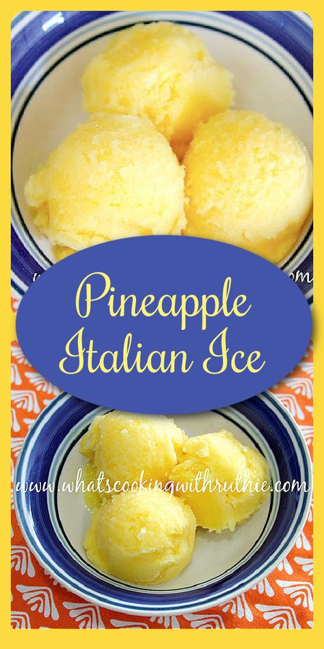 Our Pineapple Italian Ice Recipe is a delightful way to end your evening meal! Pineapple ice is also known as pineapple water ice–it’s a simple and refreshing recipe that will please all your guests. Our pineapple Italian ice has fresh pineapple, agave, honey, lemon juice, and ice cubes! #summerrecipe #pineapplerecipe #pineappleitalianice #italianicerecipe #italianice #pineapple refreshingrecipe || cookingwithruthie.com Water Ice Recipe, Italian Ice Recipe, Ice Recipe, Pineapple Sorbet, Icee Recipe, Pineapple Water, Ice Cream Maker Recipes, Frozen Dessert Recipe, Pineapple Recipes