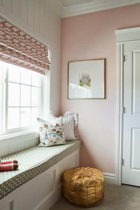 6th Street Design School: Pink and Gold Nursery Reveal wall paint Angelic by Sherwin Williams Built In Window Seat, Girls Room Colors, Gold Nursery, Cute Furniture, Pink Bedrooms, Big Girl Rooms, Pink Room, Window Seat, White Interior