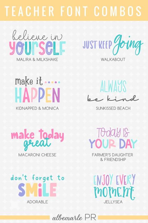 8 Ideas for Teacher Font Pairings Canva Fonts For Bulletin Board, Cute Canva Font Combinations, Canva Fonts Teachers, 2024 Cute Font, Fun Canva Font Pairings, Fun Font Combinations, Teacher Fonts On Canva, Teacher Fonts Canva, Teacher Fonts Dafont