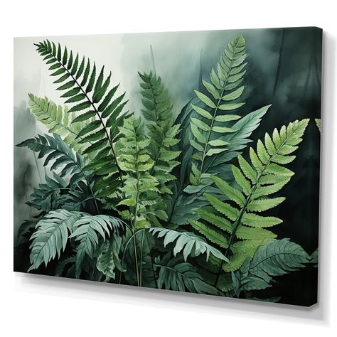 This beautiful "Green And Black Ferns Dynamic Contrast V" Canvas Art is printed using the highest quality fade resistant ink on canvas. Every one of our Floral Wall art is printed on premium quality cotton canvas. Painting Of Ferns, Ferns Painting, Fern Pictures, Green Leaves Painting, Fern Painting, Ceramic Mural, Fern Art, Fern Wall Art, Fern Prints