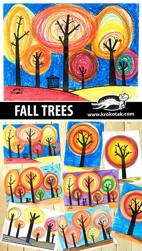 krokotak | FALL TREES Fall Mosaic Art Projects, 1st Grade Art Projects Back To School, Fall Art Project 3rd Grade, September Crafts For Middle School, September Elementary Activities, Color Lessons For Elementary Art, Kindergarten September Art, 1st Grade November Art Projects, Collage Art For Kids Project Ideas