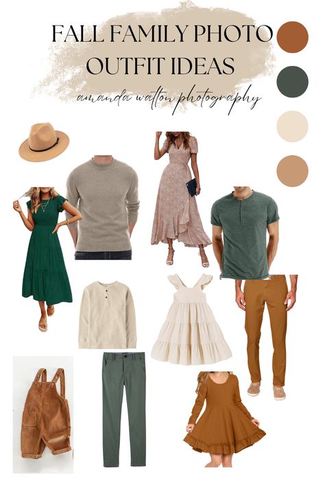 Fall Family photos Outfit Ideas - Brown and Green | Neutral colors | Outfit Inspiration for family pictures Florida Fall Family Pictures, Green And Beige Family Photos, Neutral Holiday Photo Outfits, Earth Tone Family Pictures Outfits Fall, Amazon Fall Family Pictures Outfits, Fall Family Photos Green, Green Dress Family Pictures, Family Photos Green Color Schemes, Forest Green Family Picture Outfits