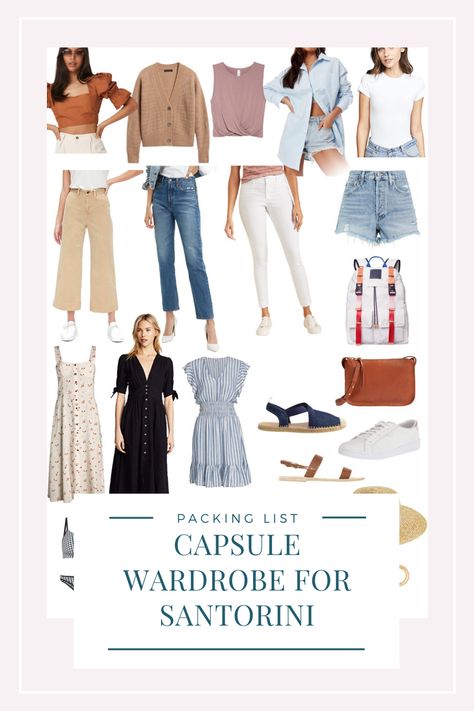 Packing list: Capsule Wardrobe for Santorini Greece In September, 70 Degree Weather Outfit, Greece Vacation Outfit, Santorini Outfit, Greece Travel Outfits, Greece Dress, Travel Capsule Wardrobe Summer, Greece Packing List, Greece Women