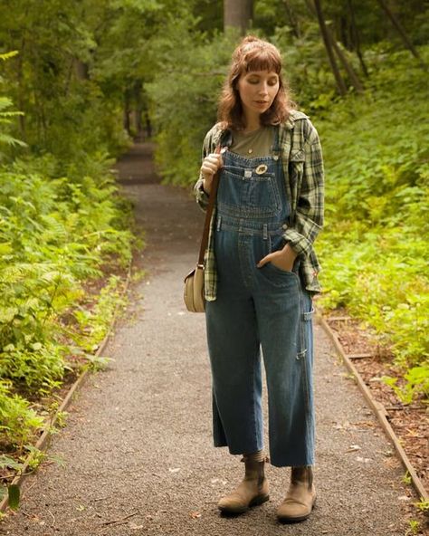 Farmer Overalls Outfit, Rainy Day Overalls Outfit, Overall Flannel Outfit, Flannel And Overalls, Flannel Over Overalls, Outfits With Green Overalls, Jacket And Overalls, Overall With Flannel Outfit, Overalls Outfit Goblincore