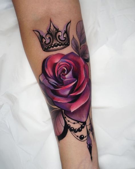 Red Rose Cover Up Tattoo, Crown With Roses Tattoo, Purple Rose Tattoo, Coverup Wrist Tattoos For Women, Colorful Rose Tattoos, Purple Rose Tattoos, Purple Flower Tattoos, Baby Memorial Tattoos, Rose Hand Tattoo