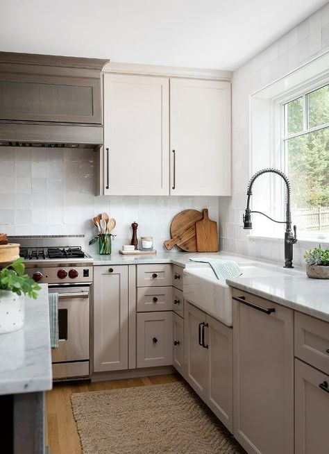 Light Taupe Kitchen Cabinets with Farmhouse Sink - Transitional - Kitchen Taupe Kitchen Ideas, Brown Wooden Kitchen, Taupe Cabinets, Arizona Kitchen, Taupe Kitchen Cabinets, Chairs For Kitchen Island, Taupe Kitchen, Wolf Range, Bakers Kitchen