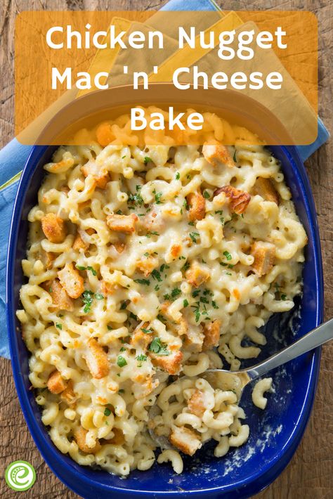 Chicken Nugget Mac 'n' Cheese Bake | eMeals.com Mac And Cheese With Chicken Nuggets, Recipe Using Chicken Nuggets, Chicken Nugget Mac And Cheese, Chicken Nugget Pasta, Recipes With Frozen Chicken Nuggets, Chicken Nugget Casserole Recipes, Recipes With Chicken Nuggets In Them, Chicken Nuggets And Mac And Cheese, Frozen Chicken Nugget Dinner Ideas