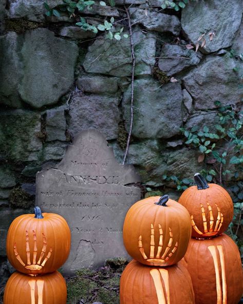 stacked pumpkins with hand and arm skeleton carvings in front of spooky cracked gravestone and old stone wall Pumpkin Carving Ideas Templates, Scary Halloween Decorations Outdoor Diy, Creative Pumpkin Decorating Ideas, Halloween Pumpkin Decorations, Skeleton Arm, Pumpkin Decorating Ideas, Creative Pumpkin Decorating, Cute Pumpkin Carving, Scary Halloween Decorations Outdoor