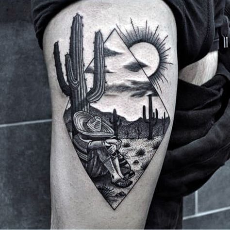 Tiraria o cara da figura, mas gosto.... talvez um pouco maior do que eu gostaria                                                                                                                                                                                 Mais New Mexico Tattoo, Desert Tattoo, Upper Leg Tattoos, Arizona Tattoo, Tato Tradisional, Mexico Tattoo, Tato Paha, Aztec Tattoos, Mexican Tattoo