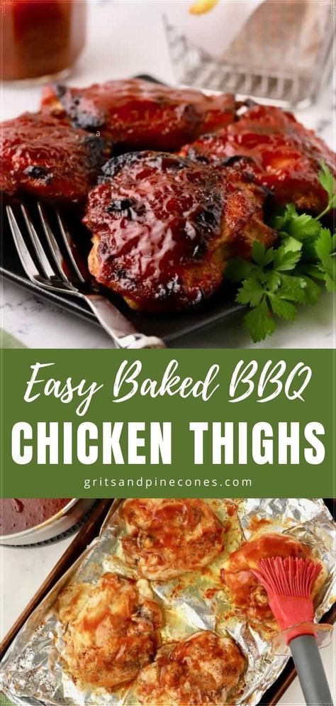 Easy baked BBQ chicken thighs in the oven are a wonderful and flavorful family dinner idea. Bone-in chicken thighs are covered in a savory BBQ sauce then baked until they are juicy with a bit of crispy char. Serve for weeknight dinners, Super Bowl parties, or Church potlucks! Oven Baked Bbq Chicken Thighs, Easy Baked Bbq Chicken, Baked Barbeque Chicken, Chicken Thighs In The Oven, Baked Bone In Chicken, Baked Bbq Chicken Thighs, Barbecue Chicken Thighs, Chicken Thighs In Oven, Oven Bbq Chicken