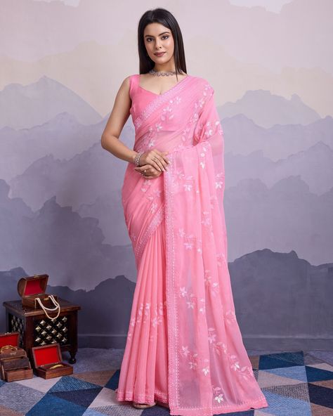 Light Pink Saree, Shimmer Saree, Chaniya Choli Wedding, Saree Chiffon, Embroidery With Sequins, Saree For Wedding, Women's Traditional & Ceremonial Clothing, Sequins Saree, Cutwork Saree