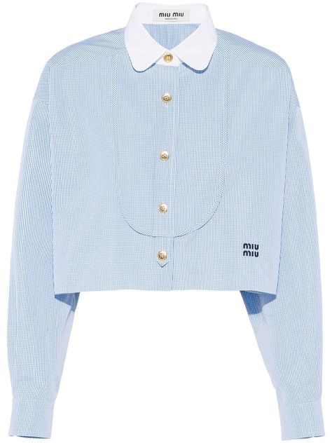 cropped cotton gingham shirt from MIU MIU featuring light blue, white, cotton, gingham check pattern, embroidered logo to the front, rounded collar, front button fastening, long sleeves and cropped. 20th Century Fashion, Foto Casual, Gingham Shirt, Designer Shirts, Dolce E Gabbana, Gingham Check, Crop Shirt, Check Pattern, Shirt Outfit