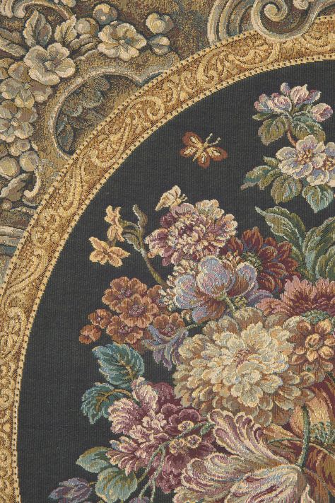 Floral Composition in Vase Black is an Italian jacquard woven wall tapestry. A captivating work featuring an abundance of flowers overflowing onto the table below. The detail of the petals and leaves and the subtle shading is masterfully executed. The use of widely varying colors: crimsons, violet blues, deep orange and olive greens in their variety of shades, to the composition of overlapping flowers with leaves protruding creates a balanced and engaging piece. The ornate border with its scroll Old Tapestry, Unicorn Tapestries, European Wall, Ornate Border, Decorative Wall Hanging, Vase Black, Floral Composition, Witchy Wallpaper, Woven Tapestry