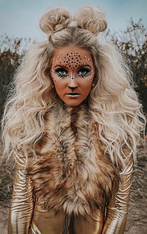 Women Lion Costume, Mascarade Costume Halloween Masquerade, Halloween Lion Makeup, Dog Makeup Women, Ram Makeup, Shark Costume Makeup, Diy Leopard Costume Women, Mardi Gras Ball Makeup, Diy Lion Costume Women