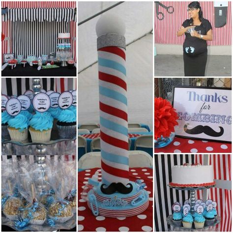 Barber shop/mustache theme baby shower Barber Gender Reveal Ideas, Barbershop Theme Party, Mustache Theme, Pokémon Party, Graduation Party Diy, Gender Reveal Ideas, Pokemon Party, Party Diy, Graduation Cakes