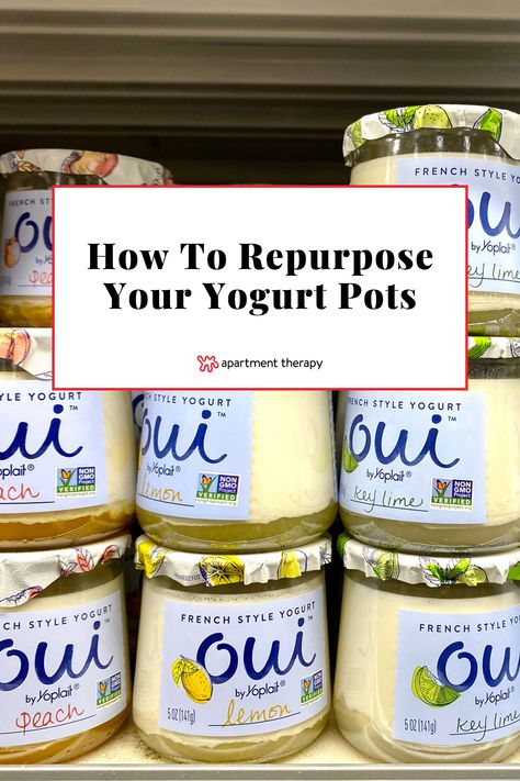 Yogurt Mason Jar Recipes, Uses For Oui Jars, Crafts With Yogurt Jars, What To Do With Oui Jars, Yoplait Glass Jar Crafts, Craft Ideas For Oui Yogurt Jars, Repurposed Oui Yogurt Jars, Oui Yogurt Jar Crafts, Reuse Oui Yogurt Jars