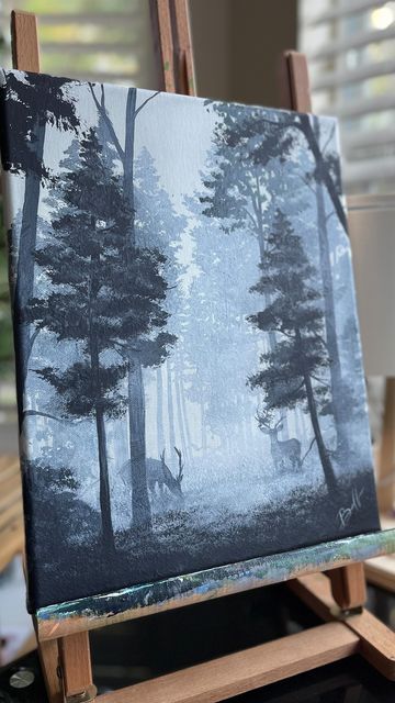 sarah • johnston on Instagram: "Mist covered trees and quiet animals. #acrylicpainting #acrylicpaint #mistyforest #pnw #comfort #misttechnique #mistypainting #foggyforest #moody #artist" Mist Forest Painting, Paintings Of Trees Acrylic, January Painting Ideas, Grey Background Painting, Foggy Trees Painting, Forest Painting Ideas, Gloomy Painting, Foggy Painting, Foggy Forest Painting