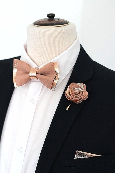 Gold Boutonniere, Boutonniere Burgundy, Rose Gold Wedding Accessories, Bow Tie Men, Pink Tuxedo, Tuxedo Bow Tie, Black Kyanite, Toddler Bow Ties, Leather Bow Tie