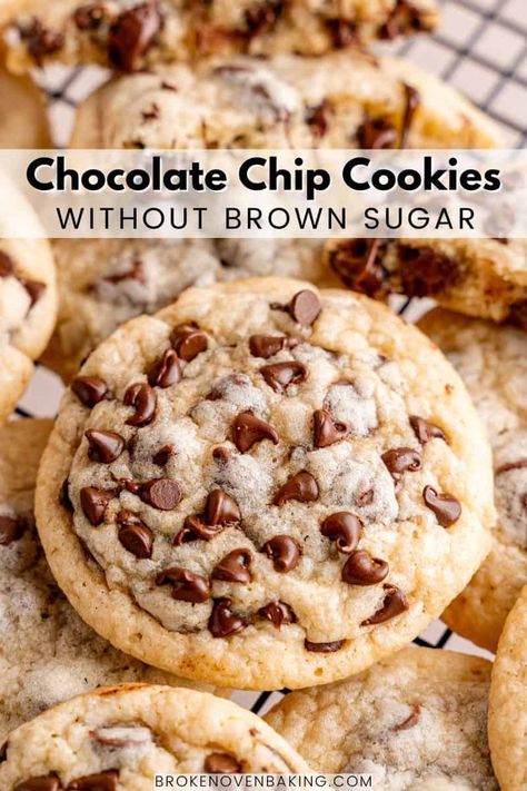 These chocolate chip cookies are made without brown sugar, but they're just as easy, soft, and delicious as classic chocolate chip cookies! Get the recipe on brokenovenbaking.com. Perfect Chocolate Chip Cookies Recipe, Southern Chocolate Chip Cookies, Chocolate Chip Peanut Butter Cookies Without Brown Sugar, Easy 4 Ingredient Cookies, Chocolate Chip Cookies Recipe No Brown Sugar, Desserts Without Brown Sugar, Chocolate Chip Cookies Recipe Without Brown Sugar, No Oven Cookies, No Baking Soda Cookies