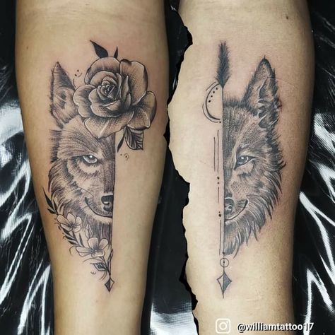 Mother And Son Wolf Tattoo, Husband And Wife Wolf Tattoos, Couple Dove Tattoos, Mother Daughter Wolf Tattoos, His And Her Wolf Tattoos Couple Tat, Wolf Tattoo For Couples, Couple Wolf Tattoo Ideas, His And Hers Wolf Tattoos, Wolf Tattoo Couple