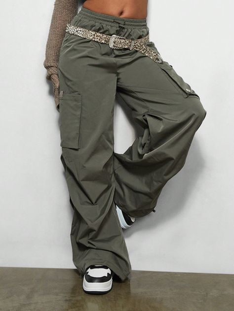 Army Green Casual Collar  Woven Fabric Plain Jogger Embellished Non-Stretch  Women Clothing Women Pants, Cargo Pants Women, Pantalon Cargo, Cargo Pant, Baggy Fits, Kids Beachwear, Cargo Pants, Army Green, Women Clothes Sale